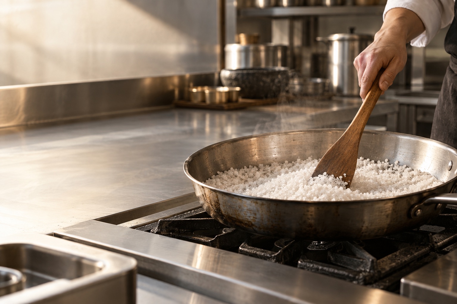 Staged image illustrating sea salt being roasted