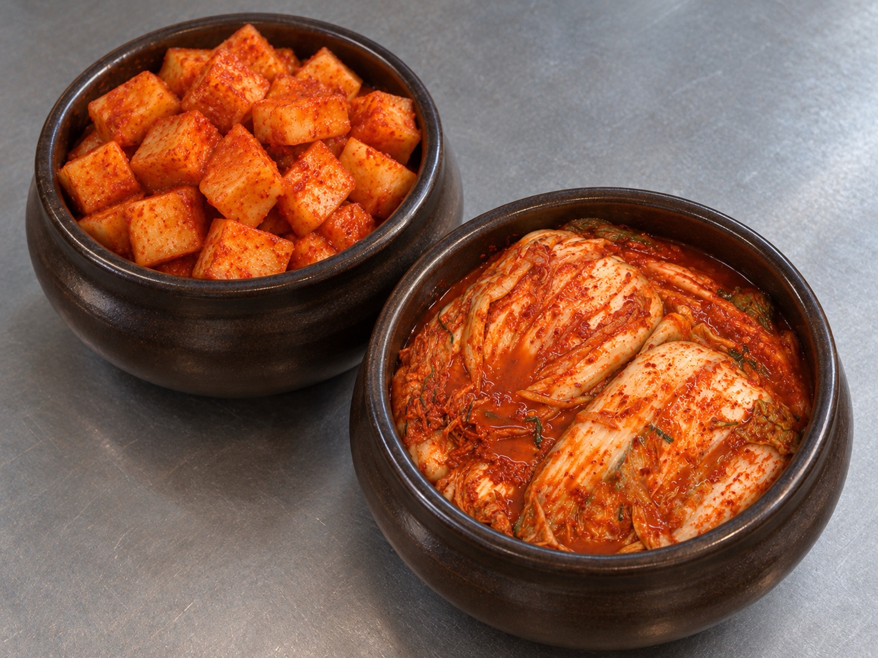 Oegojip kimchi and kkakdugi in earthenware bowls