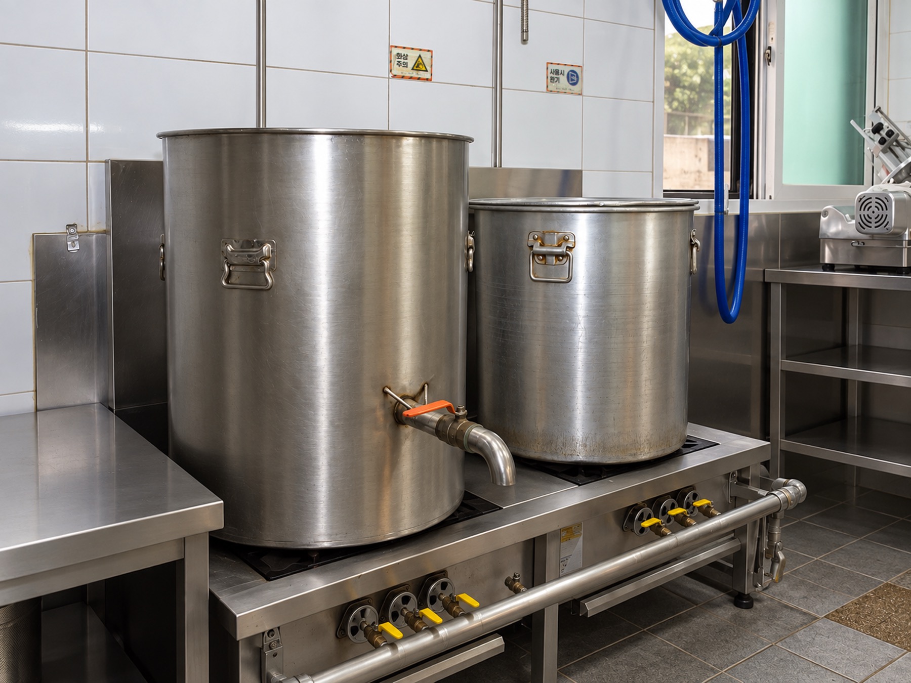Clean, orderly stock pots and cooking equipment in the Oegojip kitchen