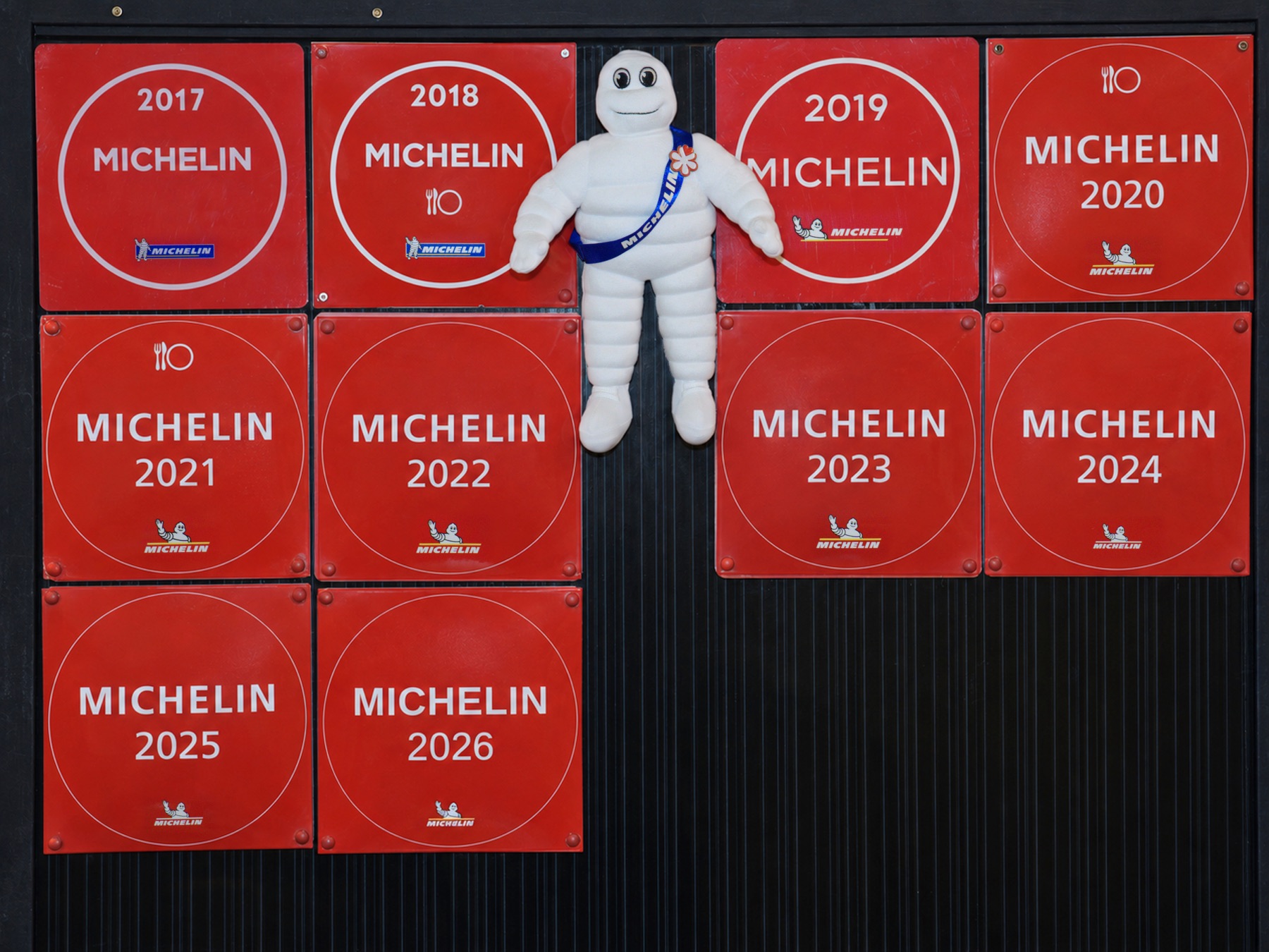 MICHELIN Guide selection records from 2017 to 2026 arranged for display inside the restaurant